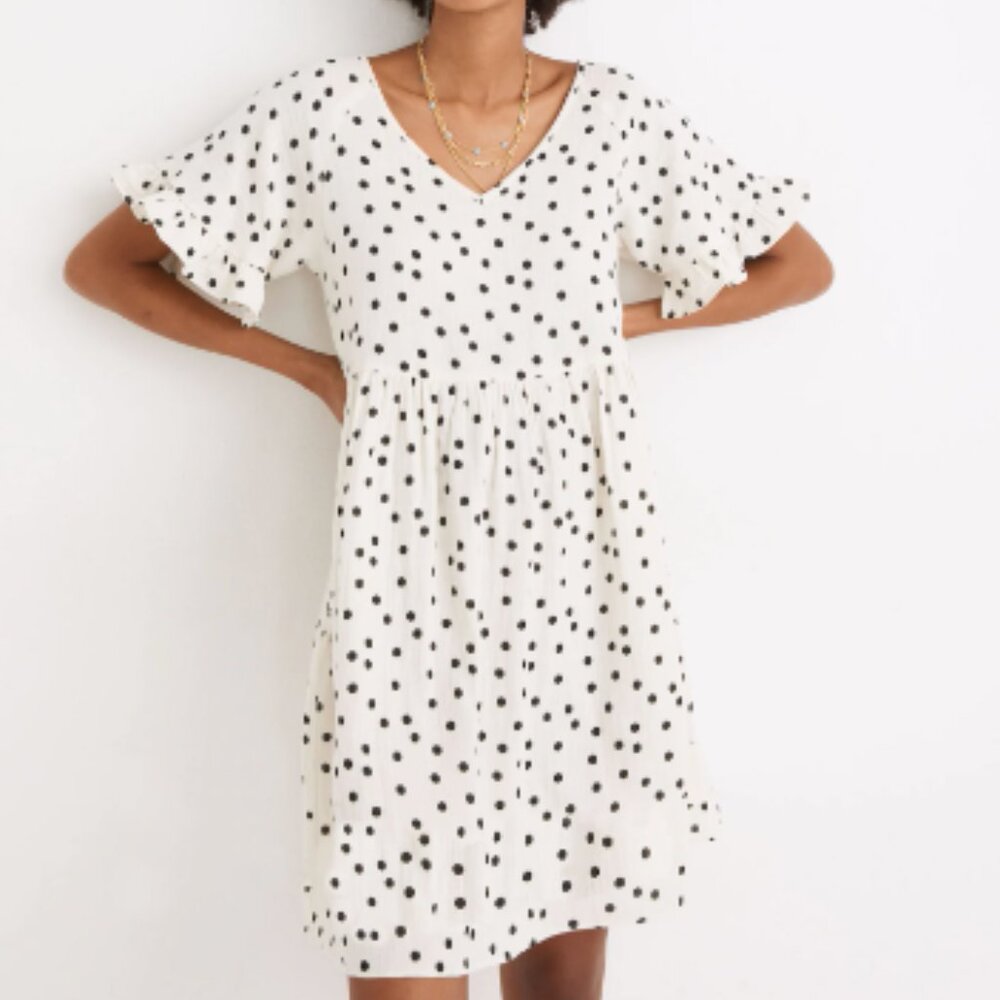 NWT Madewell XS Lightspun Ruffle-Sleeve Babydoll Dress in Pearl Ivory Tossed Dot